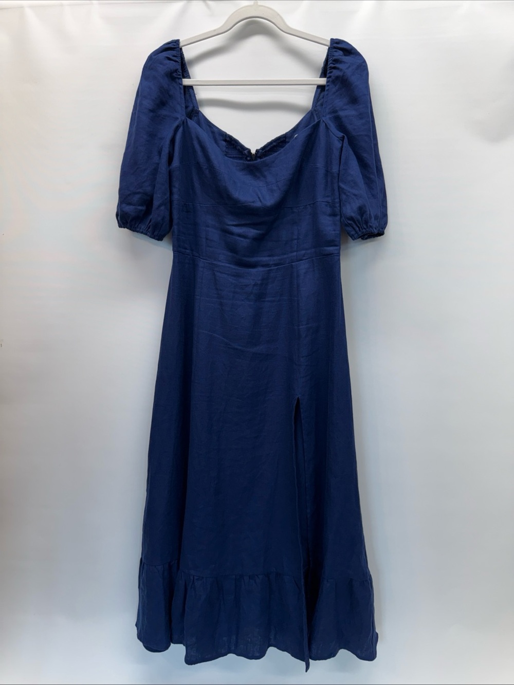 REFORMATION Sz 10 Belgium Linen Midi Dress Navy Blue Side Slit Puff Sleeve